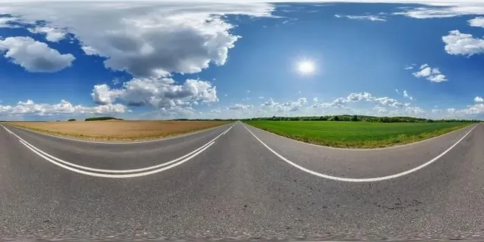 Framed Print : spherical 360 hdri panorama on old asphalt road with clouds and sun on blue sky in equirectangular seamless projection Framed Print : spherical 360 hdri panorama on old asphalt road with clouds and sun on blue sky in equirectangular seamless projection