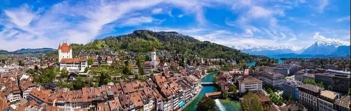 Framed Print : Splendid aerial panorama of Thun old town with medieval castle and Alps mountains on background Framed Print : Splendid aerial panorama of Thun old town with medieval castle and Alps mountains on background