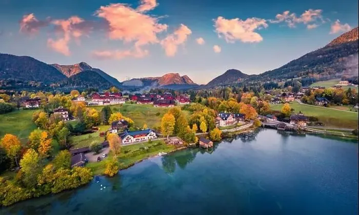 Framed Print : Splendid autumn view from flying drone of Grundlsee lake Framed Print : Splendid autumn view from flying drone of Grundlsee lake