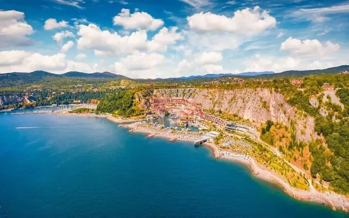 Framed Print : Splendid summer view from flying drone of Marina di Portopiccolo town Framed Print : Splendid summer view from flying drone of Marina di Portopiccolo town