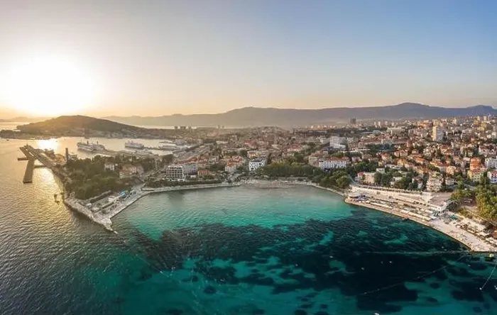 Framed Print : Split, Croatia - Aug 13, 2020: Aerial drone shot of Bavice city beach during sunset hour in summer Framed Print : Split, Croatia - Aug 13, 2020: Aerial drone shot of Bavice city beach during sunset hour in summer