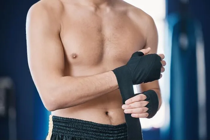 Framed Print : Sports, boxing and man wrap hands in gym for training Framed Print : Sports, boxing and man wrap hands in gym for training