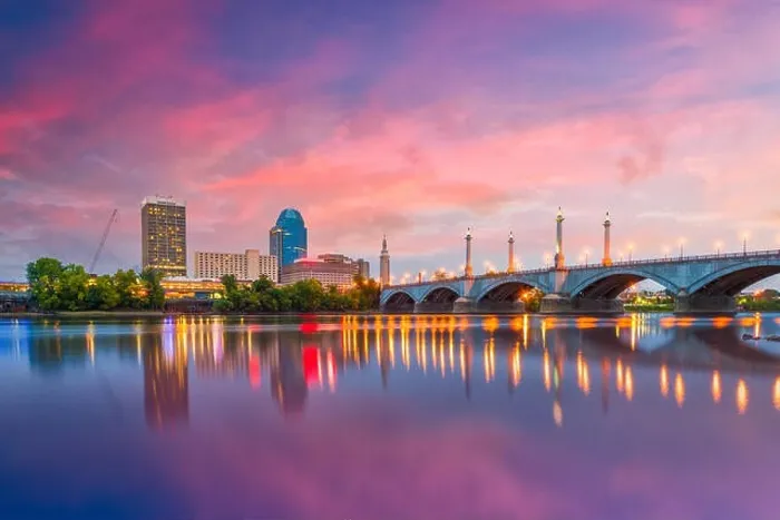 Framed Print : Springfield, Massachusetts, USA downtown skyline on the river at dusk Framed Print : Springfield, Massachusetts, USA downtown skyline on the river at dusk