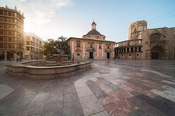 Square of the Virgin Saint Mary, Valencia Cathedral, Basilica of Virgen the Helpless in morning at Valencia, Spain