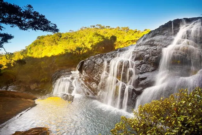 Framed Print : Sri Lanka - landscape with waterfall in the Horton Plain National Park, Baker waterfall, Sri Lanka