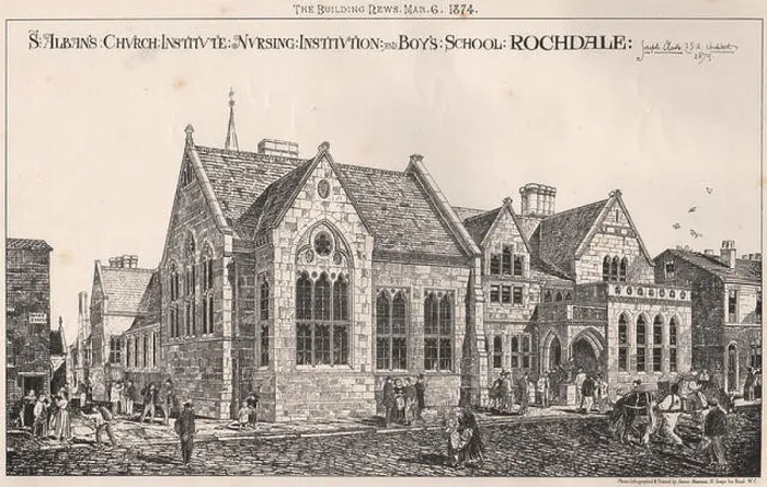 Framed Print : St. Alban's Church Institute & Boy's School, Rochdale; Joseph Clarke Archt, 1874 Framed Print : St. Alban's Church Institute & Boy's School, Rochdale; Joseph Clarke Archt, 1874