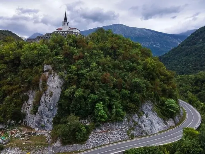 Framed Print : St Anton Church and Kobarid Ossuary, Caporetto Memorial from First World War. Aerial Drone View Framed Print : St Anton Church and Kobarid Ossuary, Caporetto Memorial from First World War. Aerial Drone View