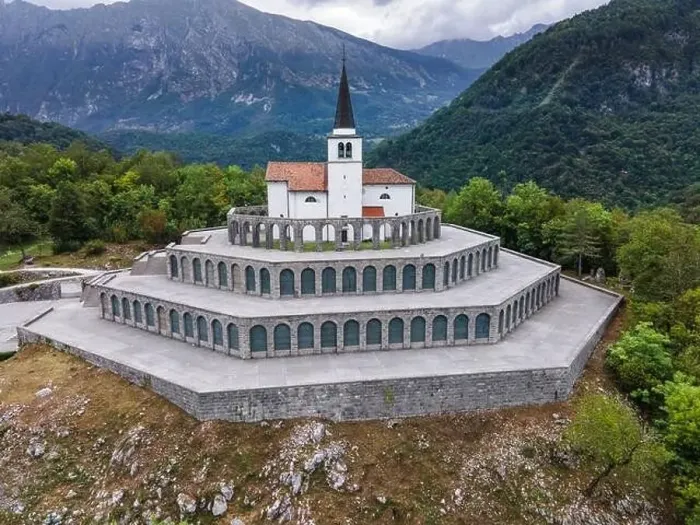 Framed Print : St Anton Church and Kobarid Ossuary, Caporetto Memorial from First World War. Aerial Drone View Framed Print : St Anton Church and Kobarid Ossuary, Caporetto Memorial from First World War. Aerial Drone View