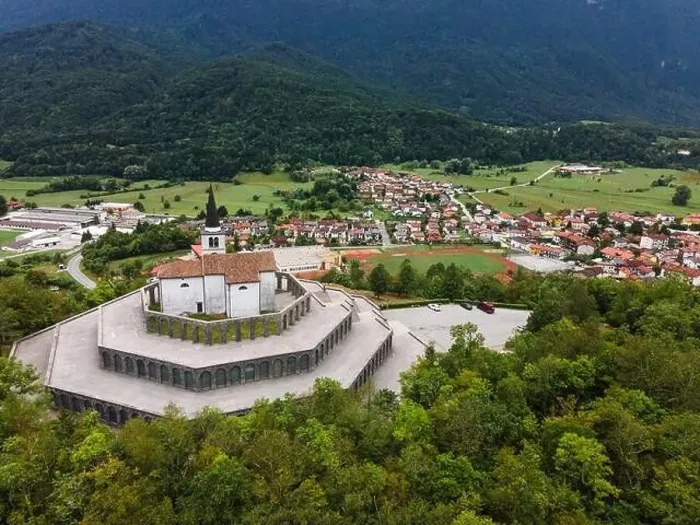 Framed Print : St Anton Church and Kobarid Ossuary, Caporetto Memorial from First World War. Aerial Drone View Framed Print : St Anton Church and Kobarid Ossuary, Caporetto Memorial from First World War. Aerial Drone View