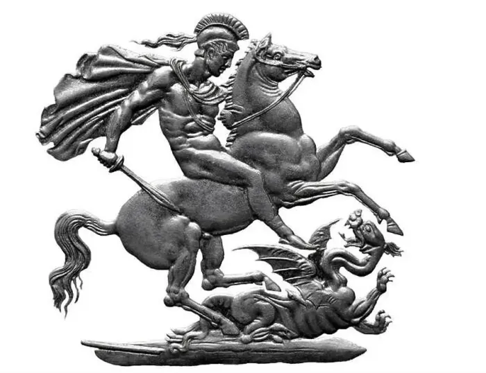 Framed Print : St. George slaying the dragon from 5 shillings coin, UK, 1951, on white background Framed Print : St. George slaying the dragon from 5 shillings coin, UK, 1951, on white background
