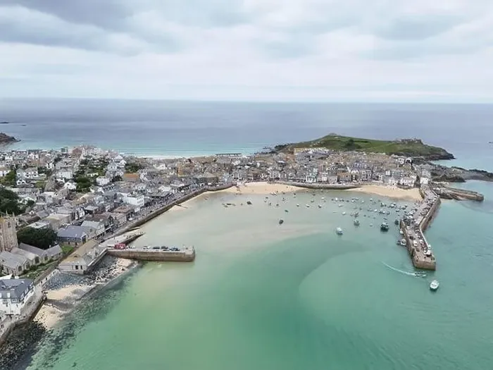 Framed Print : St Ives Cornwall on calm summers day drone, aerial high angle Framed Print : St Ives Cornwall on calm summers day drone, aerial high angle