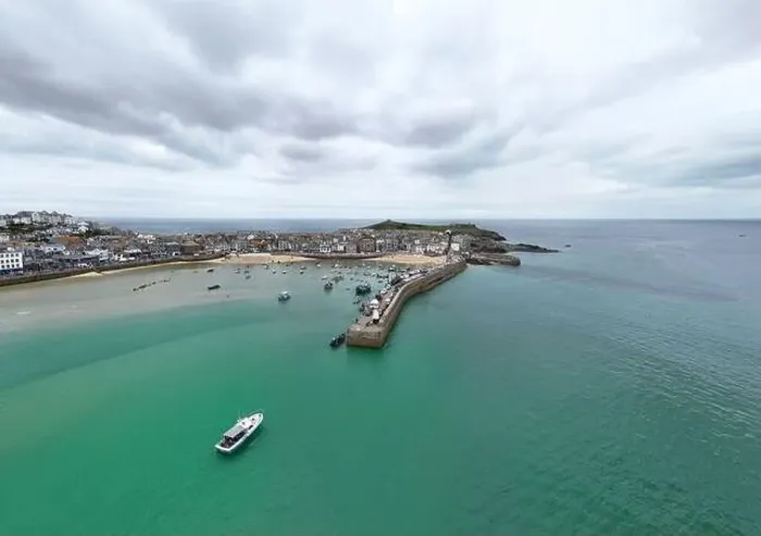 Framed Print : St Ives Cornwall on calm summers day drone, aerial Framed Print : St Ives Cornwall on calm summers day drone, aerial