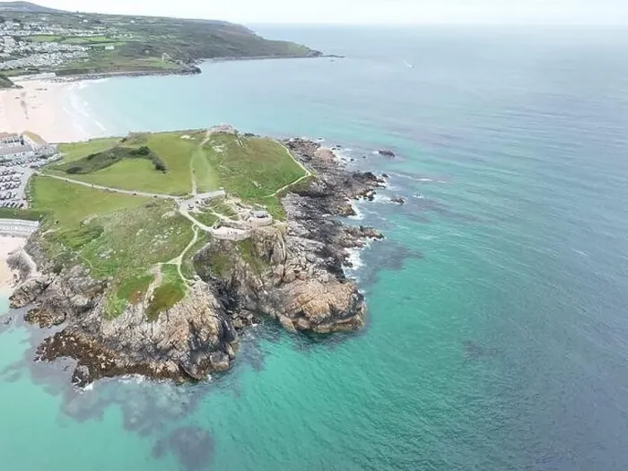 Framed Print : St Ives Head Cornwall UK drone, aerial, view from air Framed Print : St Ives Head Cornwall UK drone, aerial, view from air