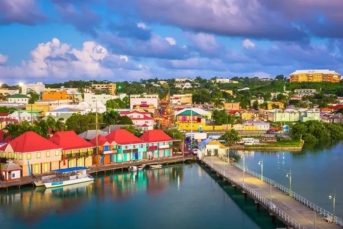 Framed Print : St. John's, Antigua and Barbuda cityscape over Redcliffe Quay at dusk Framed Print : St. John's, Antigua and Barbuda cityscape over Redcliffe Quay at dusk