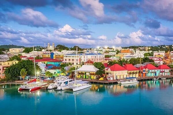 St. John's, Antigua and Barbuda town skyline on Redcliffe Quay at dusk