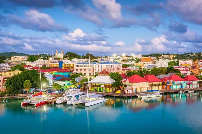 Framed Print : St. John's, Antigua and Barbuda town skyline on Redcliffe Quay at dusk Framed Print : St. John's, Antigua and Barbuda town skyline on Redcliffe Quay at dusk
