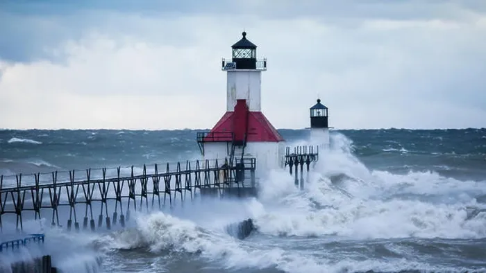 Framed Print : St. Joseph North Pier Lighthouse in a storm Framed Print : St. Joseph North Pier Lighthouse in a storm