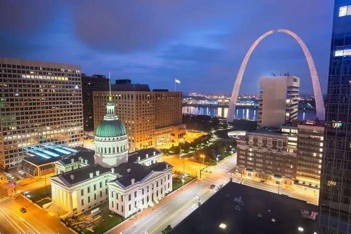 Framed Print : St. Louis, Missouri, USA downtown cityscape with the arch and courthouse at night Framed Print : St. Louis, Missouri, USA downtown cityscape with the arch and courthouse at night