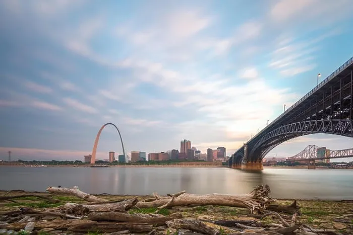 Framed Print : St. Louis, Missouri, USA downtown cityscape on the Mississippi River at twilight