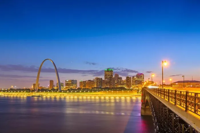Framed Print : St. Louis, Missouri, USA downtown cityscape on the Mississippi River at twilight