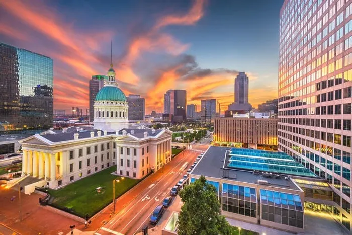 Framed Print : St. Louis, Missouri, USA downtown cityscape with the old courthouse at dusk Framed Print : St. Louis, Missouri, USA downtown cityscape with the old courthouse at dusk