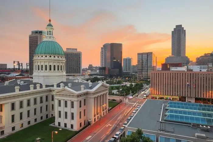 Framed Print : St. Louis, Missouri, USA downtown cityscape with the old courthouse at dusk Framed Print : St. Louis, Missouri, USA downtown cityscape with the old courthouse at dusk
