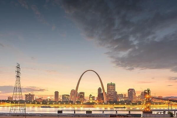 St. Louis, Missouri, USA downtown cityscape on the river at dusk