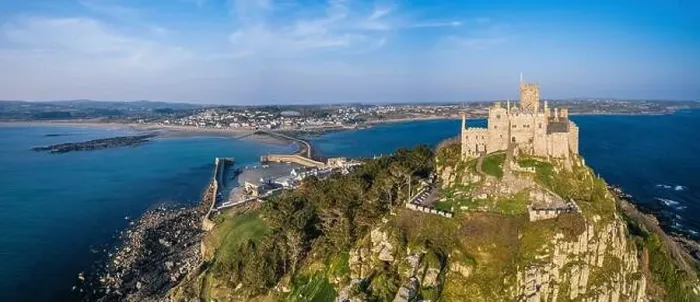 Framed Print : St Michael's Mount from a drone, Marazion, Penzance, Cornwall, England Framed Print : St Michael's Mount from a drone, Marazion, Penzance, Cornwall, England