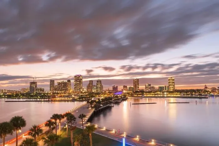 Framed Print : St. Pete, Florida, USA downtown city skyline from the pier at night Framed Print : St. Pete, Florida, USA downtown city skyline from the pier at night
