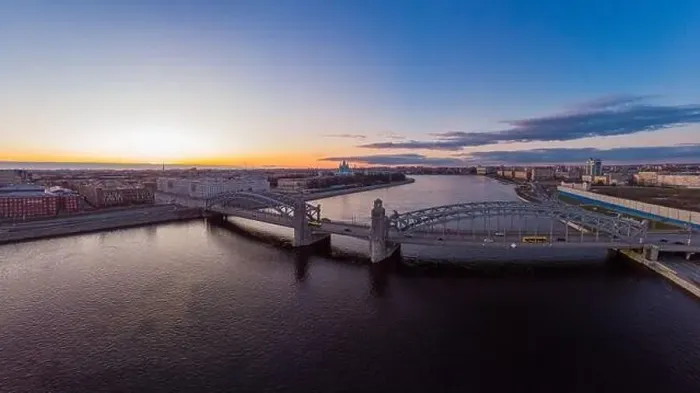 Framed Print : St. Petersburg Russia. Aerial panoramic view from drone to Peter the Great bridge of white nights Framed Print : St. Petersburg Russia. Aerial panoramic view from drone to Peter the Great bridge of white nights
