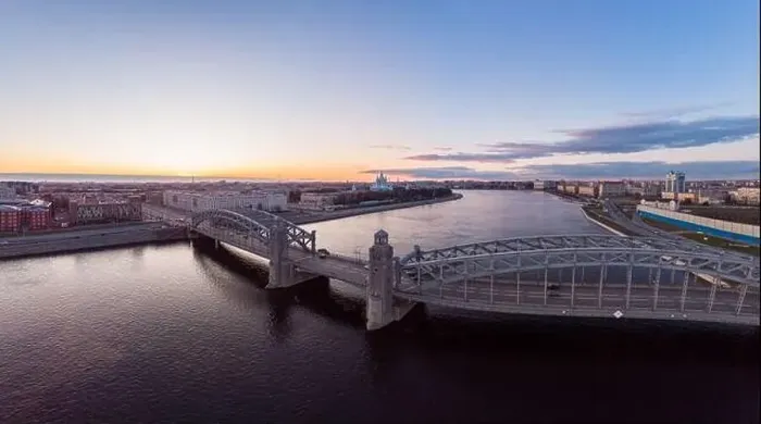Framed Print : St. Petersburg Russia. Aerial panoramic view from drone to Peter the Great bridge of white nights Framed Print : St. Petersburg Russia. Aerial panoramic view from drone to Peter the Great bridge of white nights