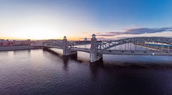 Framed Print : St. Petersburg Russia. Aerial panoramic view from drone to Peter the Great bridge of white nights Framed Print : St. Petersburg Russia. Aerial panoramic view from drone to Peter the Great bridge of white nights