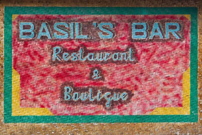 Framed Print : St. Vincent and the Grenadines, Mustique, Britannia Bay, sign for the world-famous Basils Bar Framed Print : St. Vincent and the Grenadines, Mustique, Britannia Bay, sign for the world-famous Basils Bar
