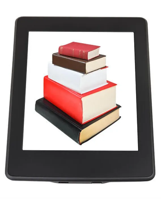 Framed Print : stack of books on screen of e-book reader isolated on white background Framed Print : stack of books on screen of e-book reader isolated on white background