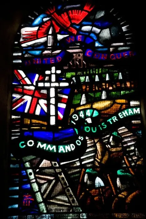 Framed Print : Stained Glass window D day memorial to the Commandos in the Church of St Samson in Ouistreham, Normandy, France Framed Print : Stained Glass window D day memorial to the Commandos in the Church of St Samson in Ouistreham, Normandy, France