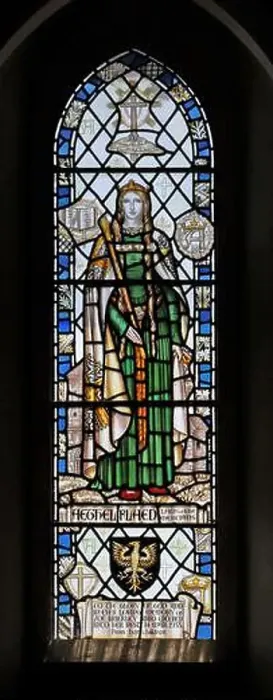 Framed Print : Stained glass window depicting Saint Aethelflaed, Lady of the Mercians, St Andrew's Church, Churchdown Framed Print : Stained glass window depicting Saint Aethelflaed, Lady of the Mercians, St Andrew's Church, Churchdown
