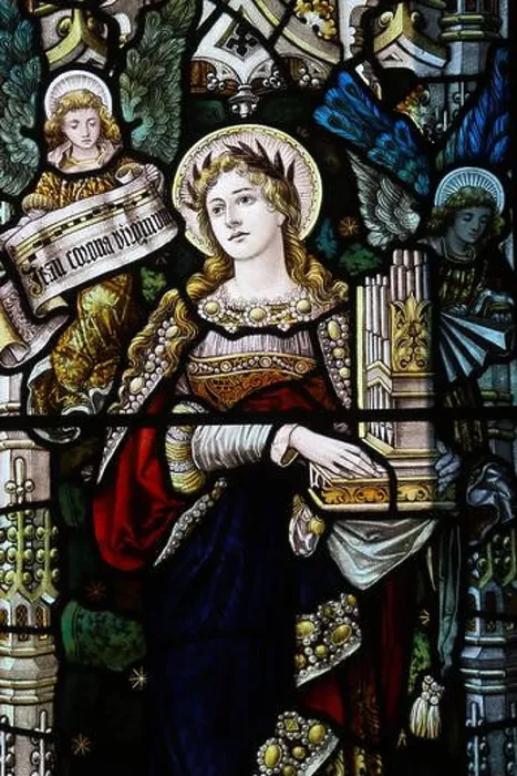 Framed Print : Stained glass window by Percy Bacon & Brothers depicting Saint Cecilia, St Mary's Church, Stannington, Northumberland Framed Print : Stained glass window by Percy Bacon & Brothers depicting Saint Cecilia, St Mary's Church, Stannington, Northumberland