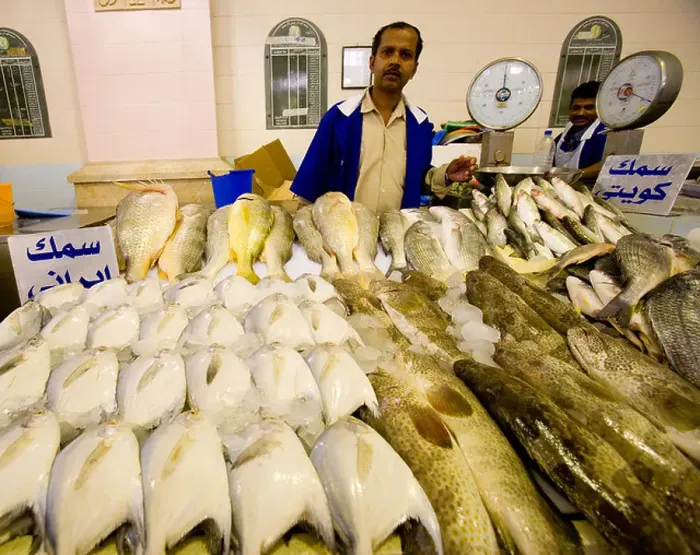 Framed Print : Stall-holder in Kuwait indoor Fish Market Framed Print : Stall-holder in Kuwait indoor Fish Market