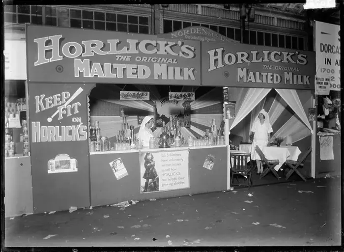 Framed Print : Stall at a trade fair advertising and displaying Horlick's, the original malted milk, 1930 Framed Print : Stall at a trade fair advertising and displaying Horlick's, the original malted milk, 1930