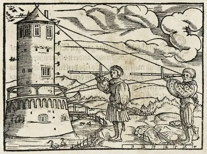 Framed Print : The other stands the match and fairs. (Surveying the height of a tower with the Jaque rod) Framed Print : The other stands the match and fairs. (Surveying the height of a tower with the Jaque rod)