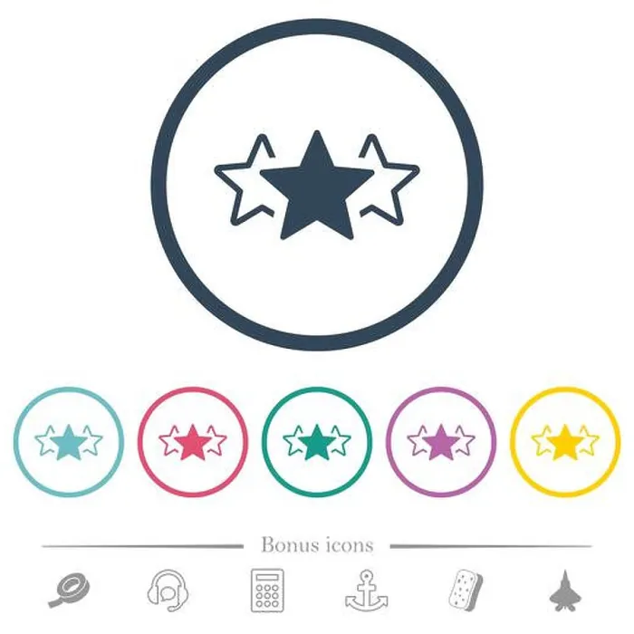 Framed Print : Three star rating alternate flat color icons in round outlines. 6 bonus icons included