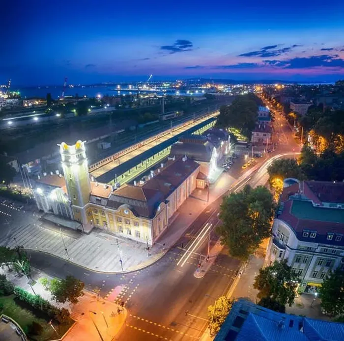 Framed Print : Station in Burgas night. Architecture and streets of the old city Framed Print : Station in Burgas night. Architecture and streets of the old city