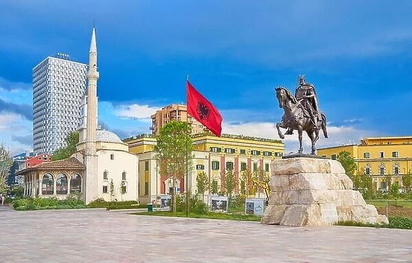 Statue of Skanderbeg, Ethem Bey Mosque and City Hall, Skanderbeg Square, Tirana, Albania