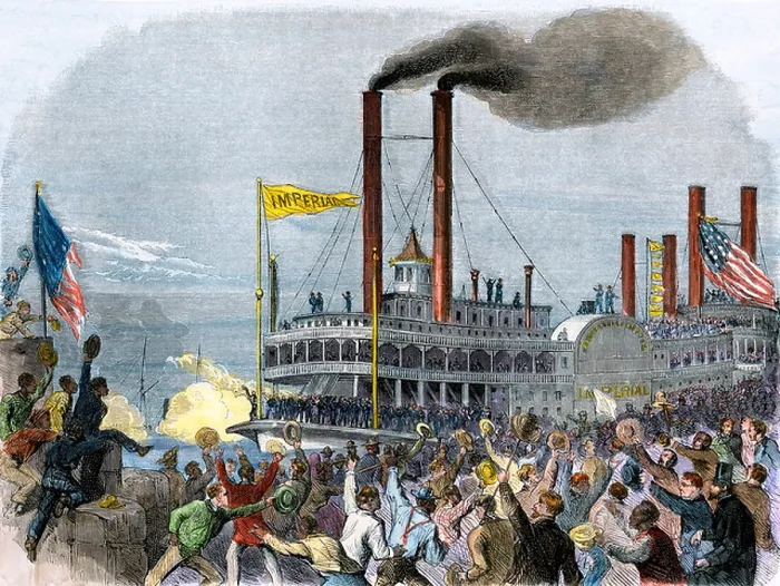 Framed Print : Steamboat 'Imperial' arriving in New Orleans from St Louis after the fall of Vicksburg, 1863. Hand-colored woodcut Framed Print : Steamboat 'Imperial' arriving in New Orleans from St Louis after the fall of Vicksburg, 1863. Hand-colored woodcut