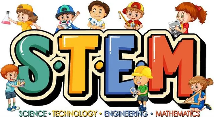 Framed Print : STEM education logo with many children cartoon character illustration