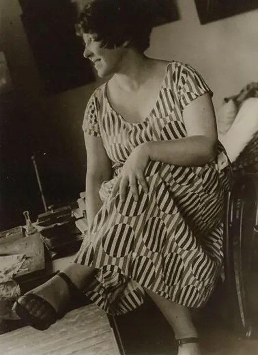 Framed Print : Stepanova Varvara (1894-1958) in a dress made of fabric according to her own design, 1924.
