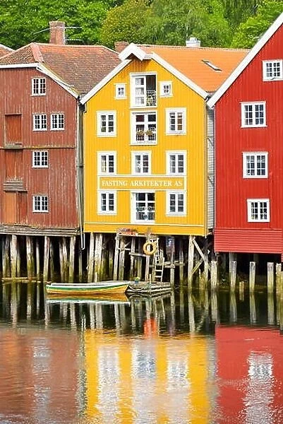 Stilt colorful historic storage houses in Trondheim, Norway