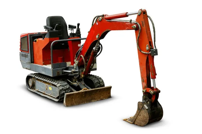 Framed Print : Stock photo of a Red mini excavator in park Isolated silhouette over white background with a clipping path Framed Print : Stock photo of a Red mini excavator in park Isolated silhouette over white background with a clipping path