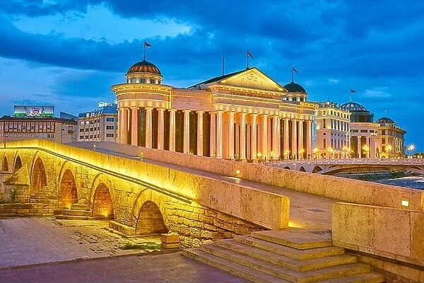 Stone Bridge and Archeological Museum of Macedonia at evening, Skopje, Republic of Macedonia