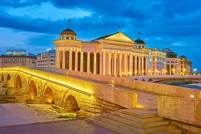 Framed Print : Stone Bridge and Archeological Museum of Macedonia at evening, Skopje, Republic of Macedonia
